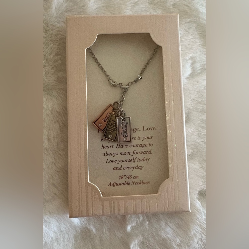 Love Courage Faith Necklace * 18” Adjustable Silver Chain * Tri-Color CZ Charms
